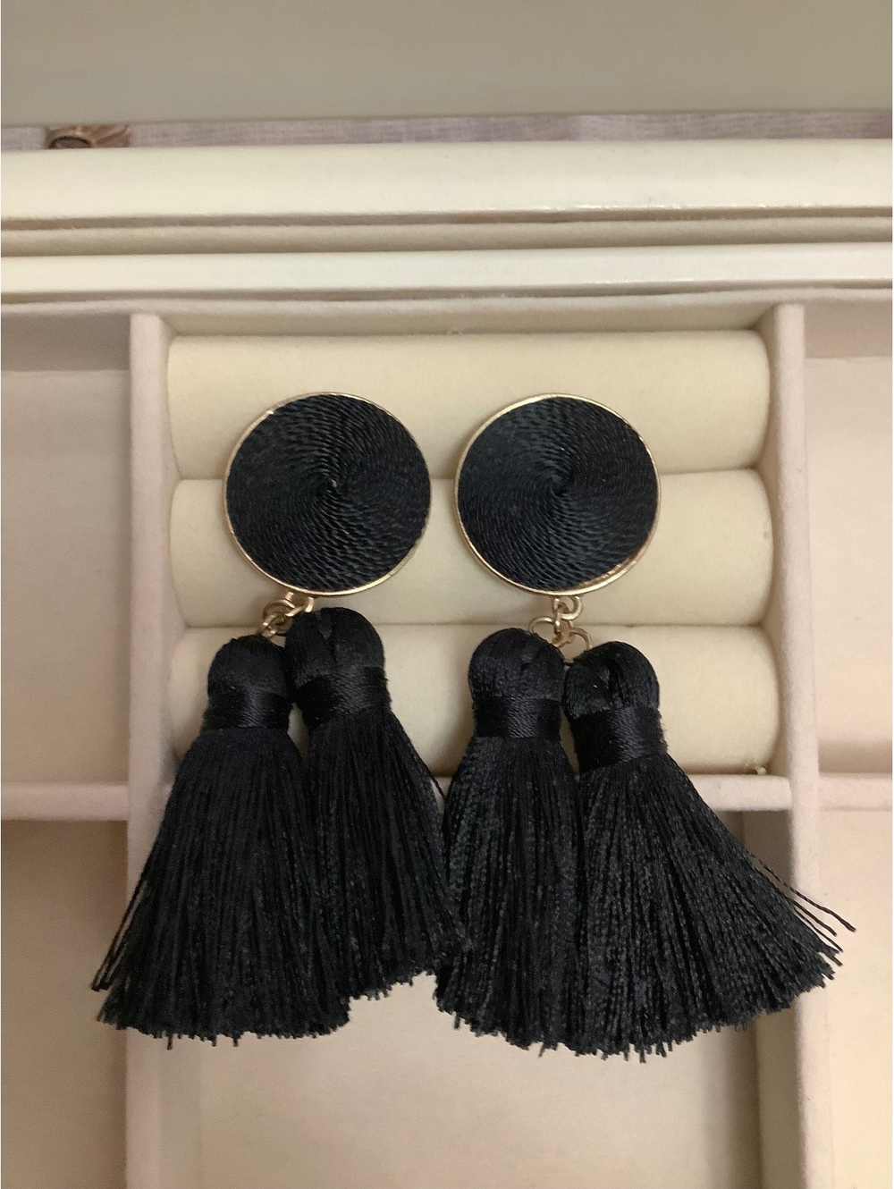 SUGARFIX by BaubleBar Black Double Tassel Statement Earrings Gold Tone 3”